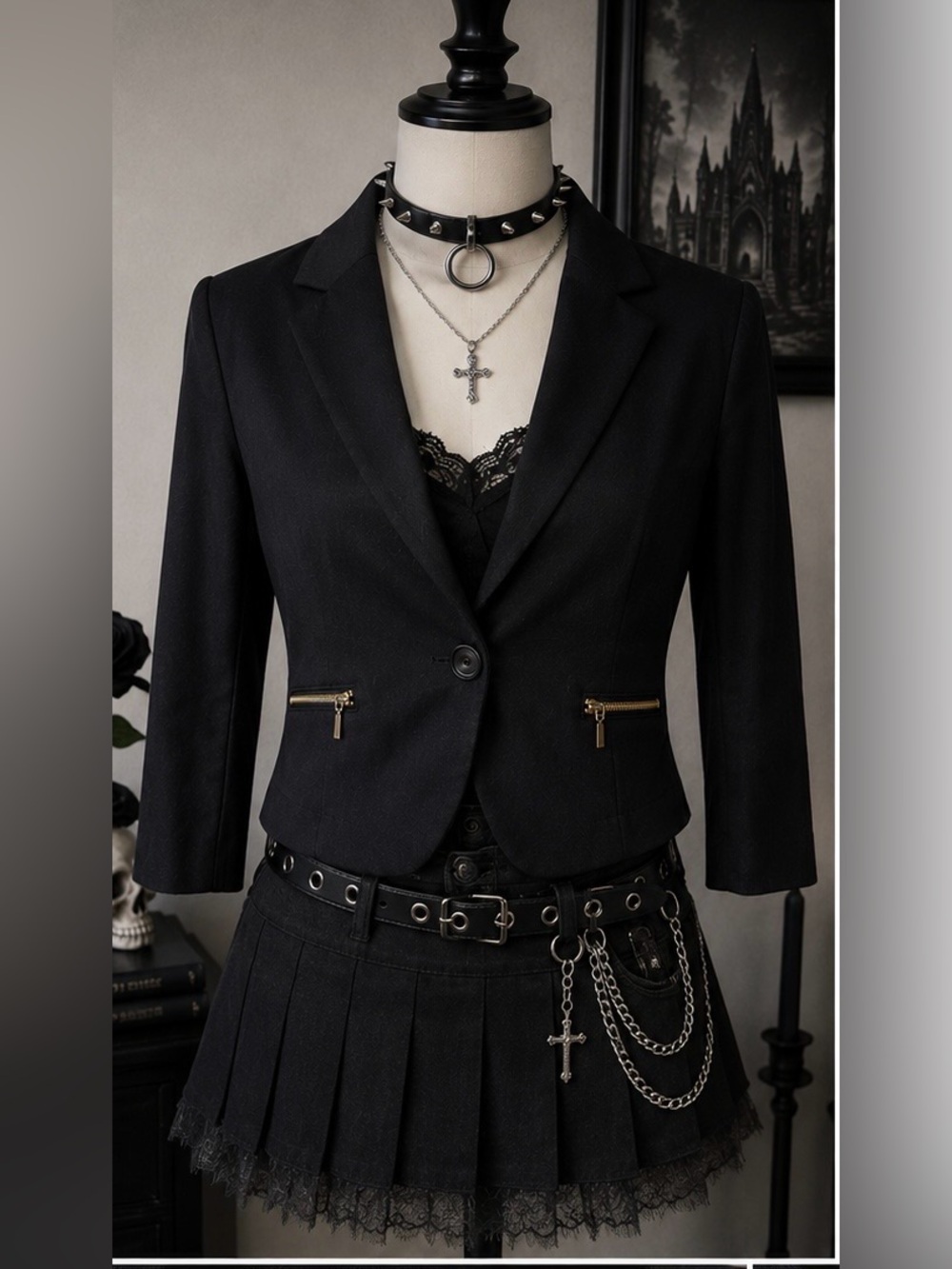 Y2K Cropped Blazer Black Zip Detail Career Goth Jacket L
